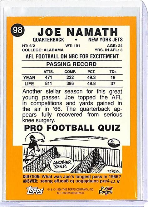 1996 Topps Namath Reprint 98 Joe Namath Football Card NM MT 1967 Topps