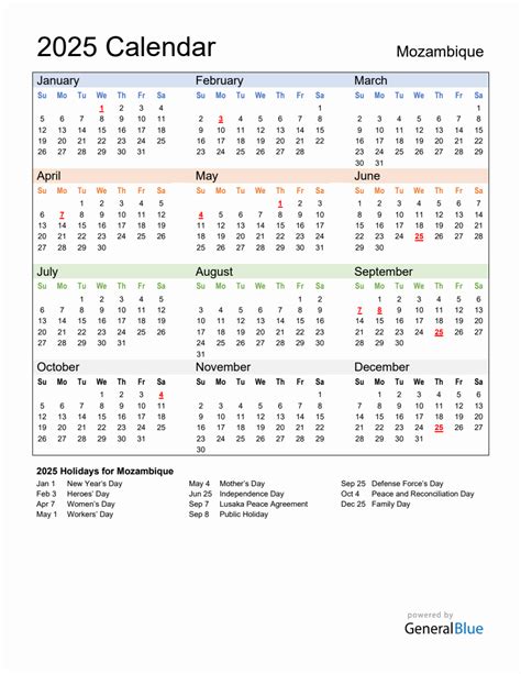 Annual Calendar 2025 with Mozambique Holidays