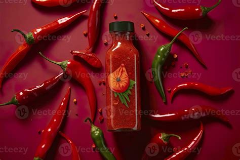 AI Generated Tabasco Hot Pepper Sauce With Red Chili Pepper Flat Lay Generative AI