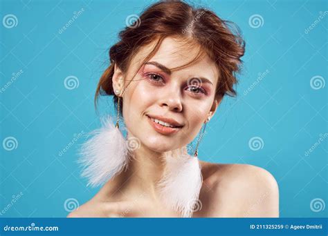 Beautiful Woman Glamor Nude Shoulders Earrings Luxury Close Up Blue Background Stock Image