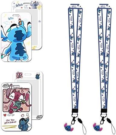 Stitch Lanyard avec Porte Badges 2 Pièces Porte Badges Cartoon Anime