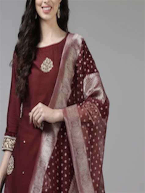 Buy Indo Era Women Maroon And Golden Floral Embroidered Liva Kurta With