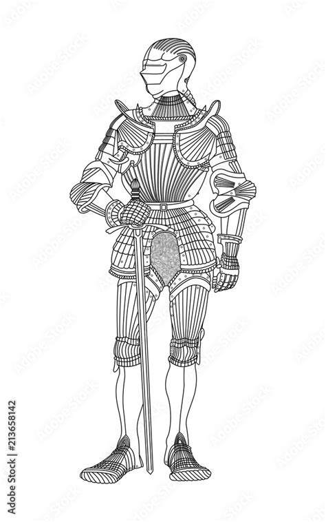 Medieval knight in armor. Black-and-white illustration of a medieval ...