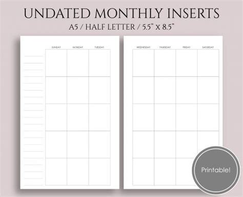 Undated Monthly Calendar, Sunday-Saturday - PT Paper | Planner inserts ...