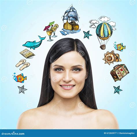 Een Portret Van Het Glimlachen Brunette Dat Door De Pictogrammen Wordt Omringd Van De De