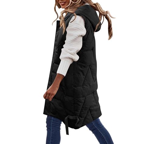 Brnmxoke Womens Long Puffer Vest Sleeveless Hooded Quilted Fleece Puffy