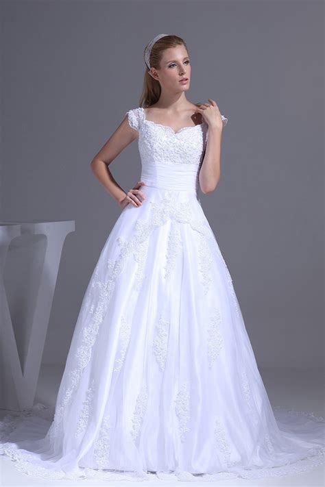 Modest A Line Sweetheart Cap Sleeve Corset White Lace Wedding Dress