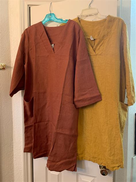 Linen V Neck Linen Shift Dress 3 4 Sleeve Relaxed Fit Pockets