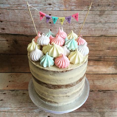 Nearly Naked Cake Topped With Pastel Meringues And Bunting Twin