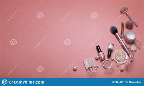 Pink Beauty Background With Facial Cosmetic Make Up Products Free Space For Text Copy Space