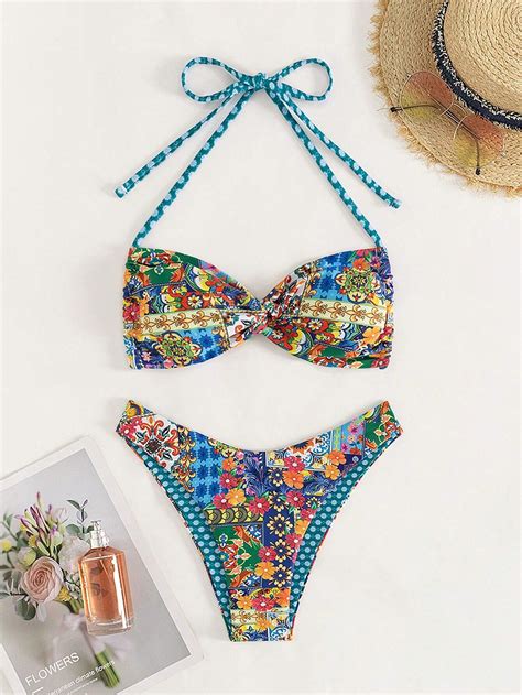 Shein Swim Summer Beach Women S Patchwork Print Twisted Halter Neck Tie Sexy Bikini Set For