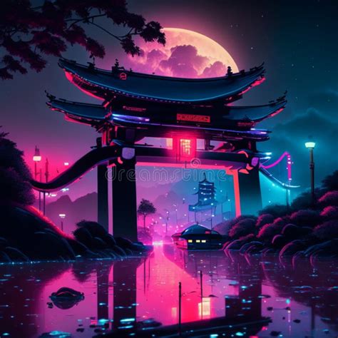 Illustration of a Japanese Temple at Night with a Full Moon. Generative ...