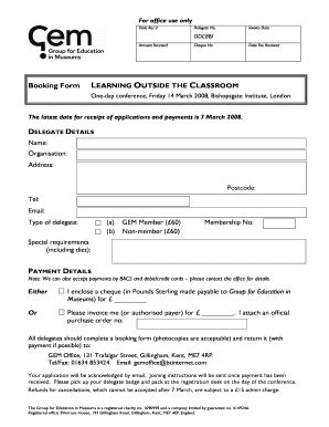 Fillable Online Gem Org Booking Form LEARNING OUTSIDE THE CLASSROOM