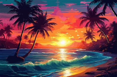 Premium Vector | Illustration of tropical beach wallpaper at sunset