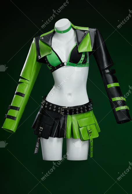 Gothic Pu Leather Lingerie Set Black And Green Jacket And Pleated Skirt