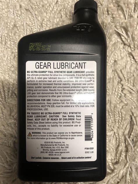 BG Ultra Guard PN 75032CC Full Synthetic Gear Lubricant SAE 75W 90 32