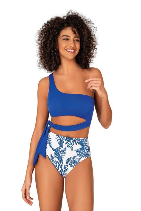 Endeep Kad N Y Ksek Bel Yan Ba Lama Detayl Mavi Desenli Bikini Tak M Fiyat Yorumlar Trendyol