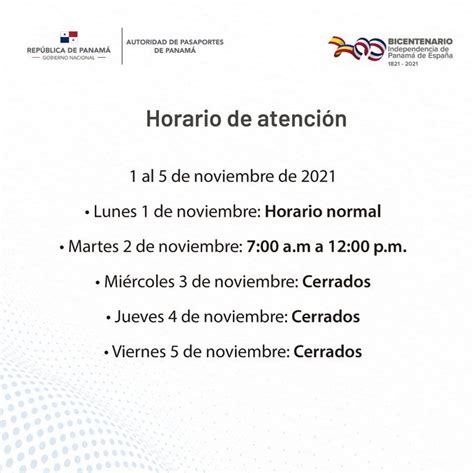 Autoridad de Pasaportes de Panamá Horario de atención del 1 al 5 de