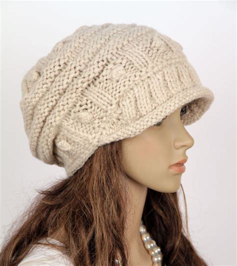 Slouchy Woman Handmade Knitted Hat Cap Beige Como Tejer Gorros