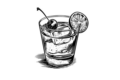 Old fashion cocktail engraved isolated drink vector illustration. Black and white sketch ...