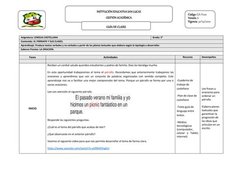 Guia De Clases N El Parrafo Y Sus Clases Pdf