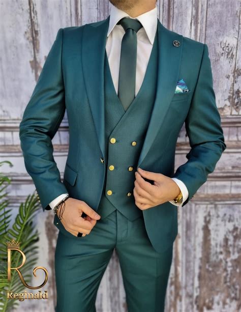 Costum Elegant Barbatesc Slim Fit Sacou Vesta Pantalon Verde Imperial