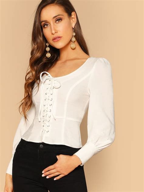 Lace Up Front Peplum Top Shein Sheinside Women Long Sleeve Tops