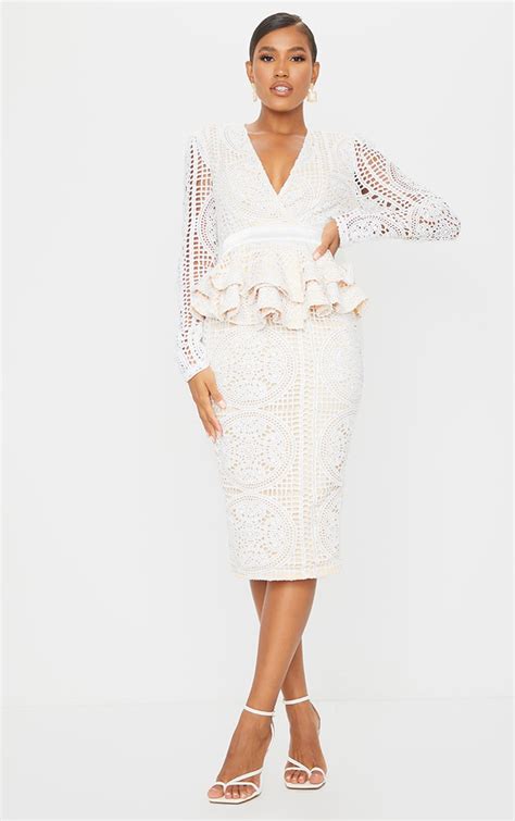 White Lace Plunge Peplum Frill Midi Dress Dresses Prettylittlething Usa