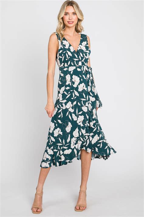 Forest Green Floral Wrap Front Hi Low Midi Dress Pinkblush