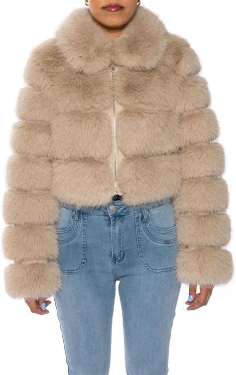 Azalea Wang Womens Khokho Faux Fur Jacket Faux Fur Coat Jacket With