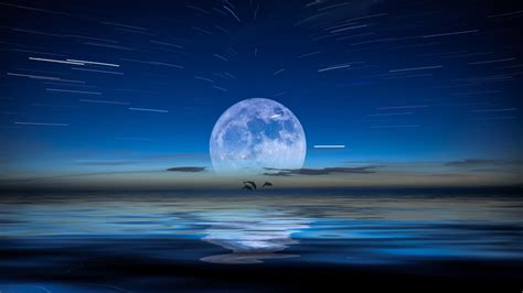 Wallpaper Id Night Fantasy Landscape Full Moon Blue Sea