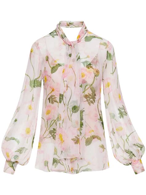 Oscar De La Renta Pussy Bow Floral Print Silk Chiffon Blouse In Lilac Modesens