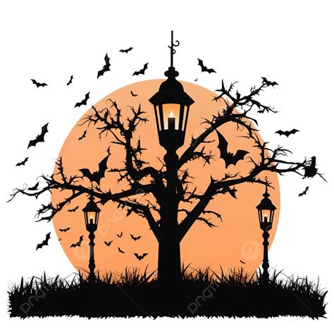 Halloween Evening Design With Festive Lanterns At Cemetery Tree And