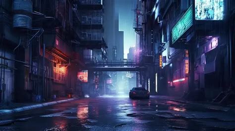 Nighttime In A Dystopian Cyberpunk City Street Art And Smog Illuminate ...