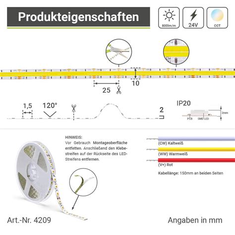 COB 24V LED Streifen 5M 8W M 640LED M 10mm Lichtfarbe CCT 2700 6500K