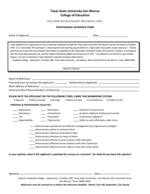 Fillable Online Education Txstate Trp Professional Reference Form