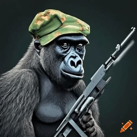 Gorilla Wearing A Military Cap In Guerrilla Ambush On Craiyon