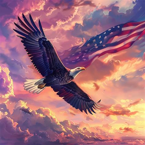 Premium Photo Bald Eagle Soaring With American Flag Sky Background