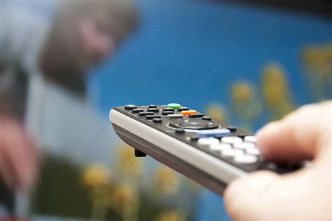 Hand Holding Tv Remote Control Flat Spectator Watching Photo Background