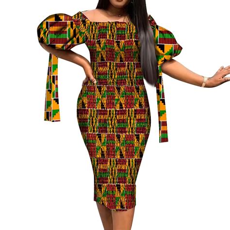 BintaRealWax African Dress For Women Off Shoulder Smocked Kente Print