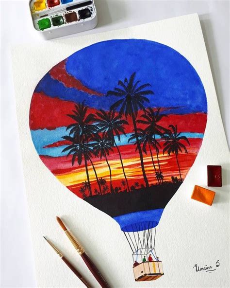 Hot Air Balloon Watercolor Original Painting Sunset Etsy Balloon