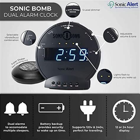 Sonic Alert Sonic Bomb Dual Alarm Clock with Bed Shaker, Black Vibrating Alarm Clock Heavy ...