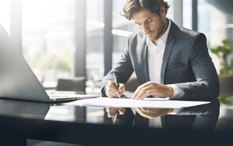 Premium Photo Businessman In Suit Writing At Desk In Modern Office