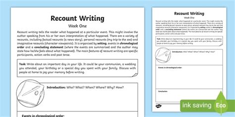 Recount Writing Week One Homework Worksheet Teacher Made