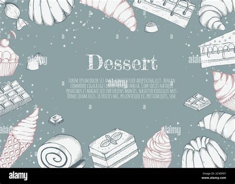 Desserts Bakery Shop Vector Banner Template Hand Drawn Cakes Bun Ice