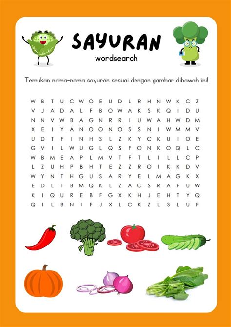 Sayuran Wordsearch Indonesia Worksheet Materi Guru Permainan Huruf