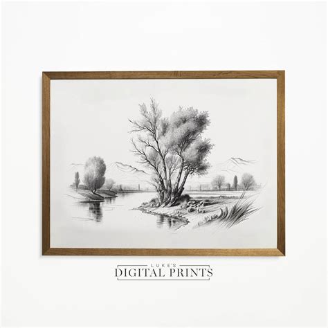 Landscape River Pencil Drawing Digital Print Download Vintage Neutral Wall Decor High Quality ...