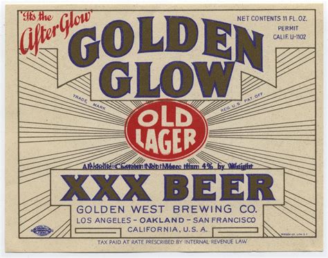 Golden Glow Old Lager Vintage Beer Label California 1930s Its The