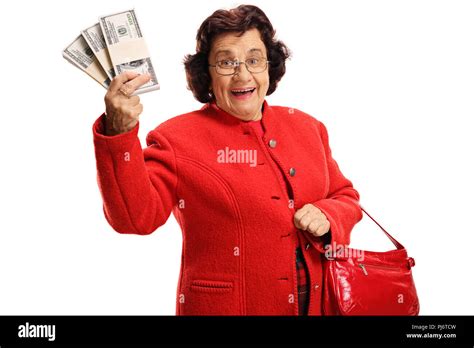 Rich Mature Woman Holding Money And Purse Isolated On White Background Stock Photo Alamy