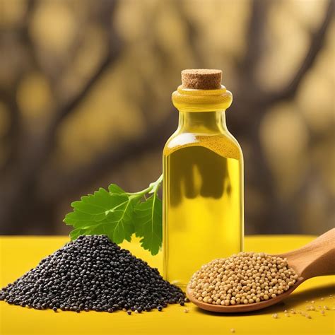 Mustard Seeds And Mustard Oil Bottle On A Yellow Mustard Tree